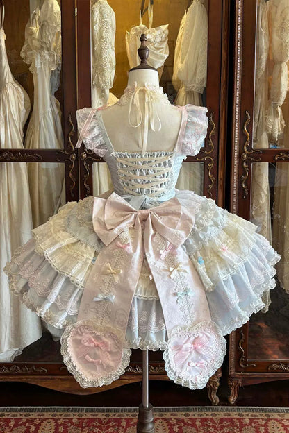 Sweet Lolita JSK Dress with Square Collar and Multi-Layered Ruffled Bow Lace