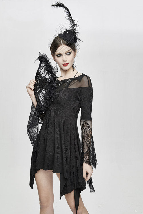Gothic Women's Off-Shoulder Knit Dress with Horn Sleeves and Lace Trim