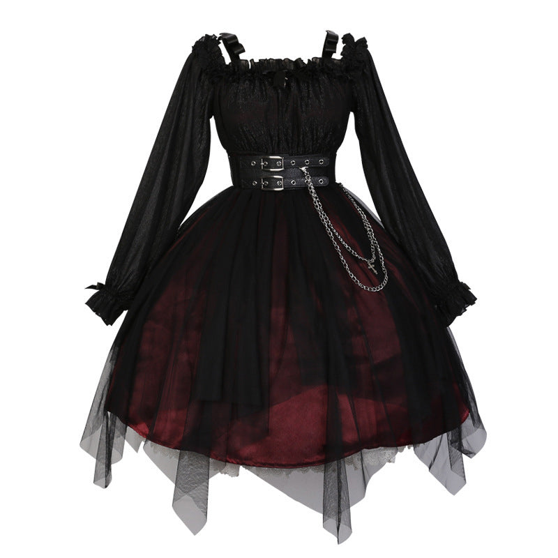 Schwarzes Lolita-Unterkleid mit langen Ärmeln und Kettengürtel