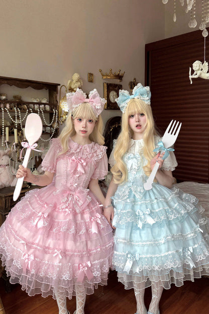 Pink Multi-Tier Ruffle Bridal Bow Lace Sweet Lolita Jumper - Lotus Butterfly Heart