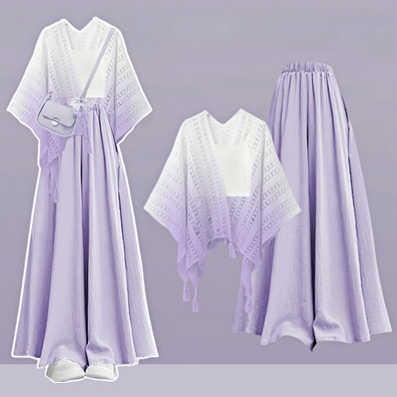 Top Three Gradient Pantskirt Leg Wide Cardigan Pieces Set Crop