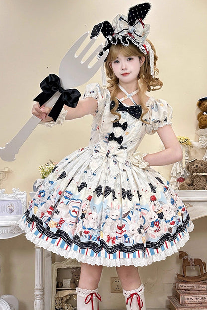 Mystery Rabbit Tea Party Square-Collar Short-Sleeved Print Ruffle Bowknot Lace Sweet Lolita Dress in Beige