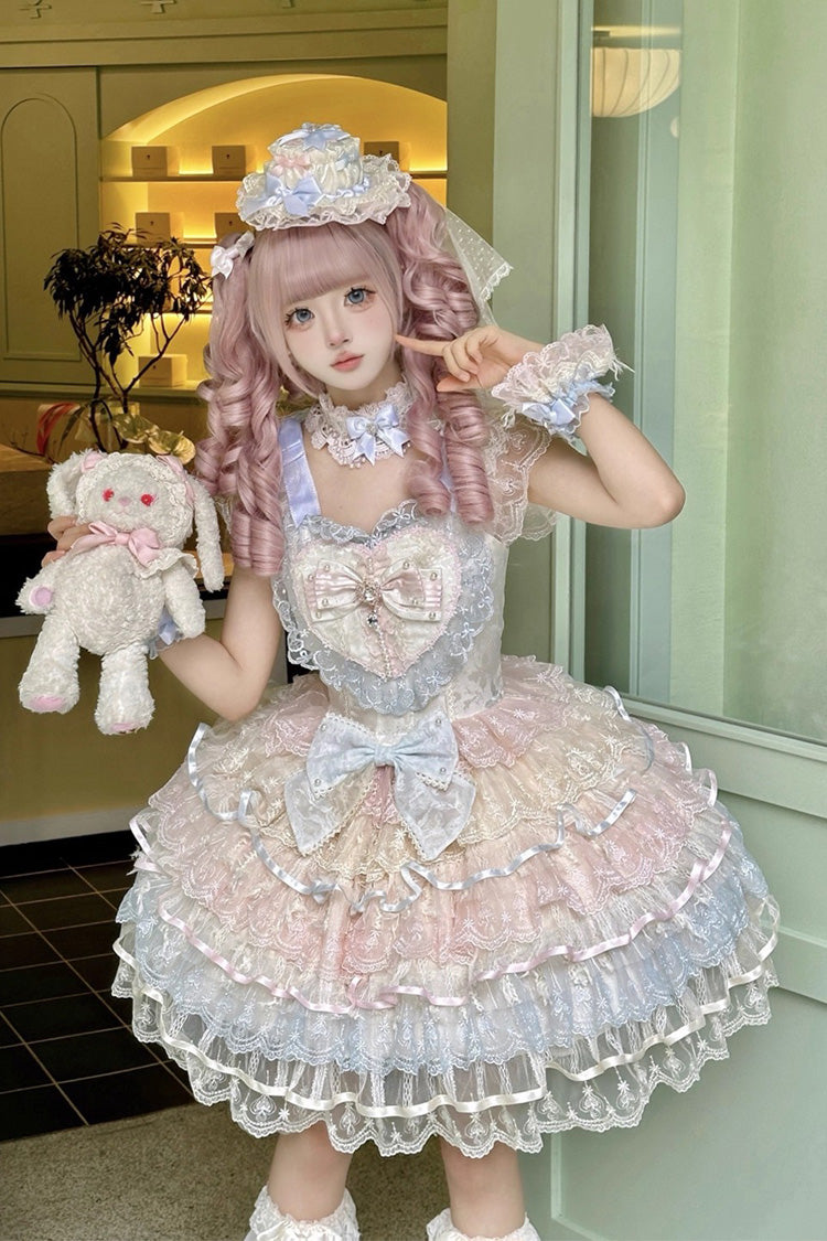 Rainbow Feathers Ballad Sleeveless Multi-Layered Ruffle Hanayome Bow Sweet Lolita Jsk Dress