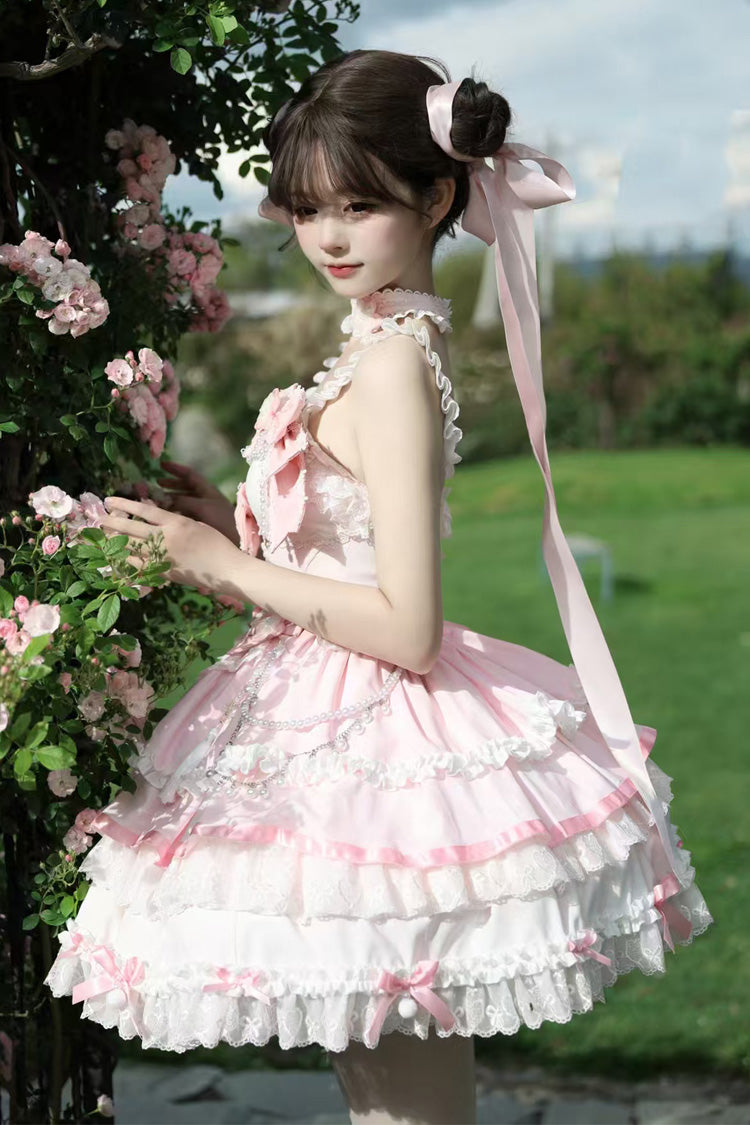 Rose Cherry Prelude Square Neck Sleeveless Layered Ruffled Bow Lace Embellished JSK Gown