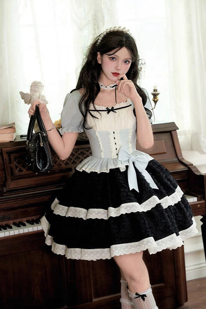 Black/Blue Mint Dark Chocolate Fake Two-piece Square Collar Ruffle Bowknot Sweet Lolita Dress