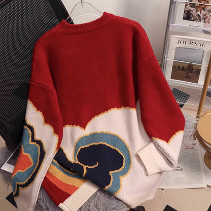 Long Sweater Lapel Red Vintage Dress Sleeve Dragon Knit