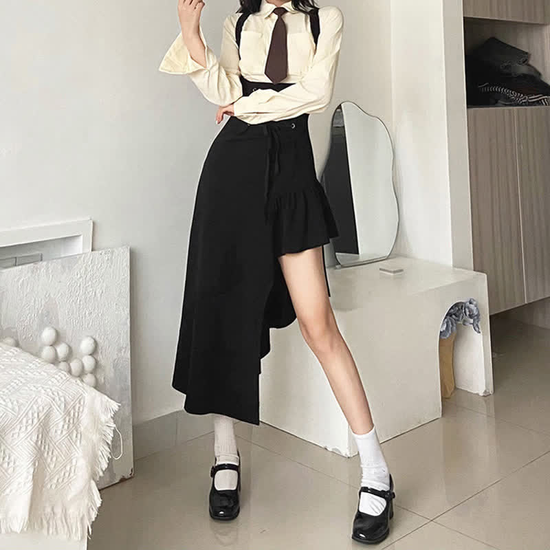 Chic Pocketed Tie Polo T-Shirt Irregular Lace Up Suspender Dress