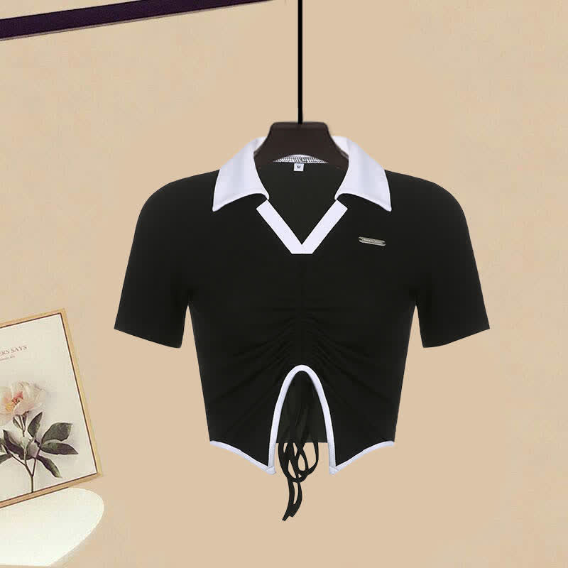 Set Drawstring Crop Slip Black T-Shirt Dress Irregular