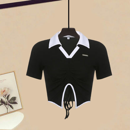 Set Drawstring Crop Slip Black T-Shirt Dress Irregular