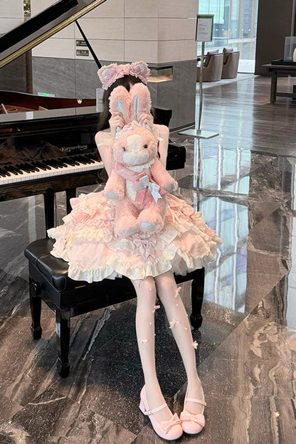 Pink Heart of Butterfly Halterneck Sleeveless Multi-Layer Ruffle Embroidery Princess Ballet JSK Dress Set