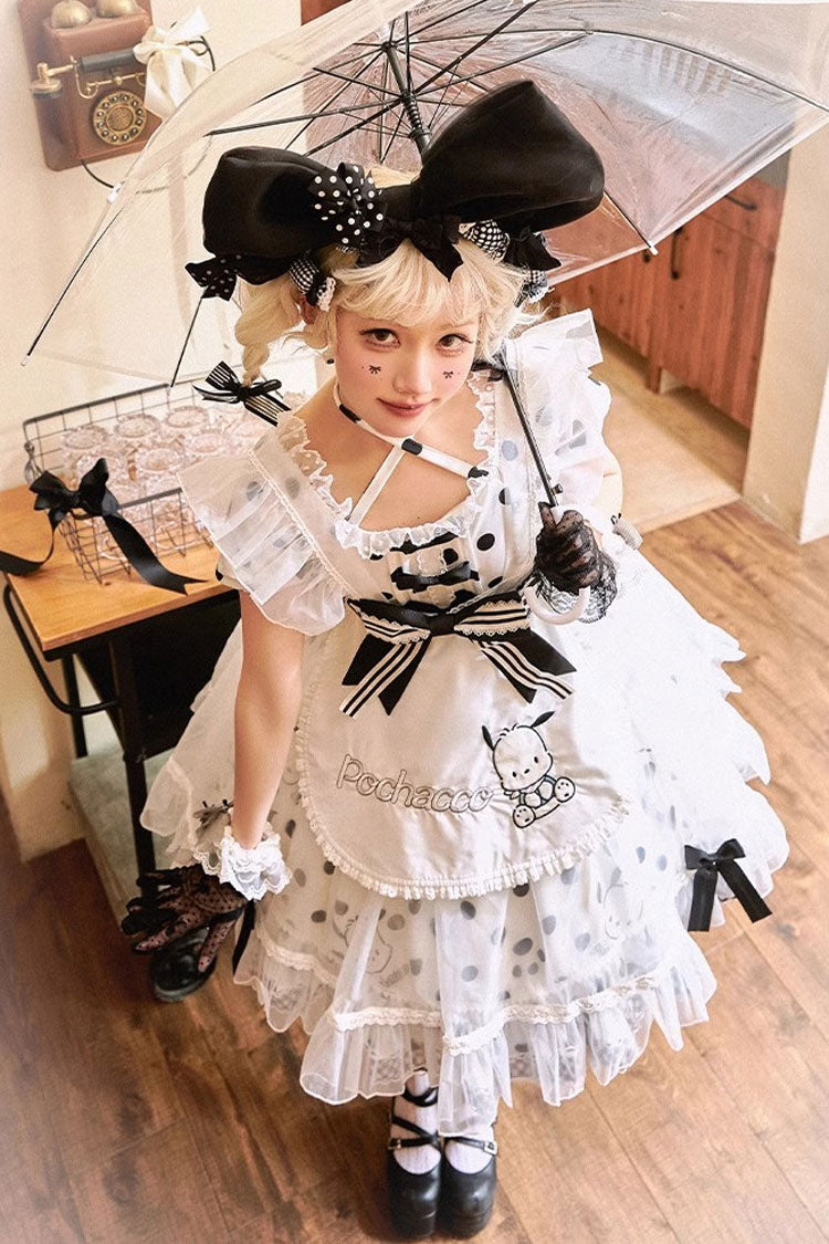 White Black Short Sleeves Pacha Dog Polka Dot Ruffle Bow Sweet Lolita Dress