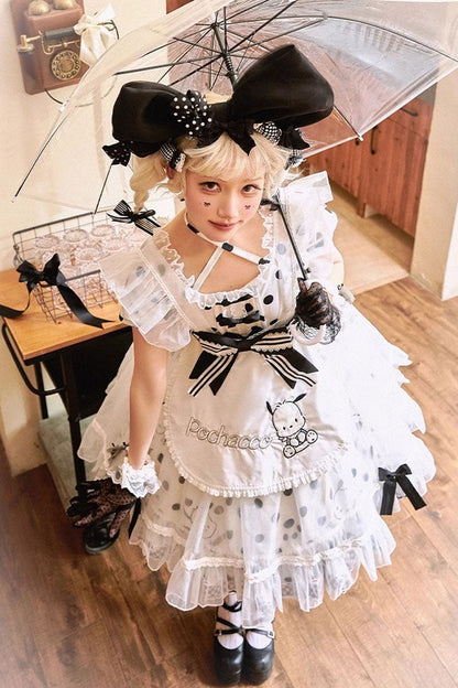 White Black Short Sleeves Pacha Dog Polka Dot Ruffle Bow Sweet Lolita Dress