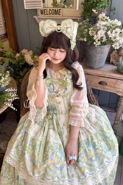 Ivory Green Lily of the Valley Perfume Pearl Candy Tea Doll Collar Sleeveless Print Lace Plus Sweet Lolita JSK