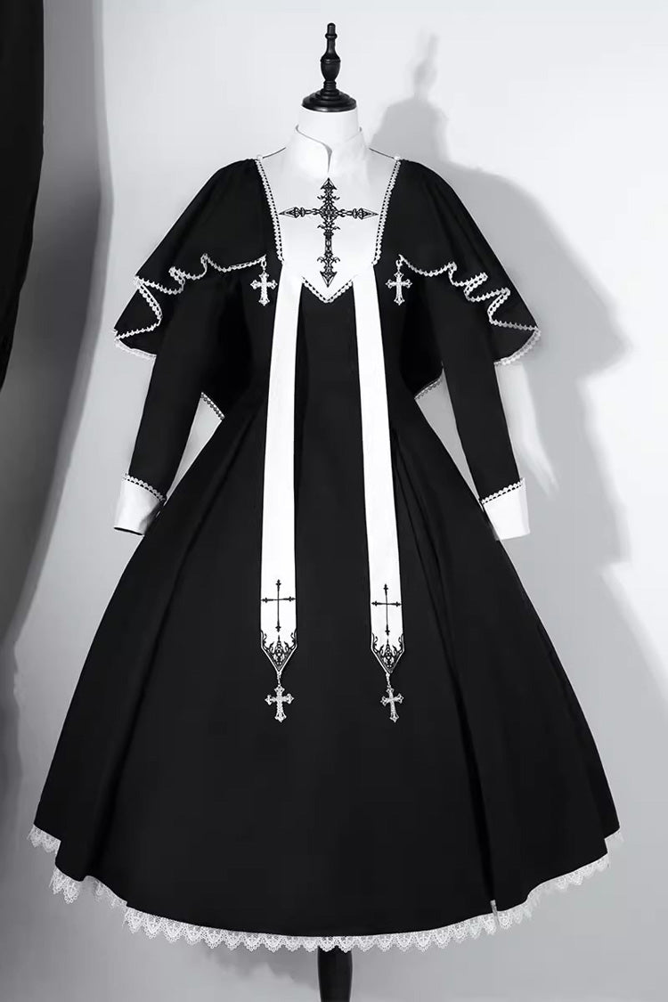 Elegant Lace-Stitched Long-Sleeve Gothic Gown
