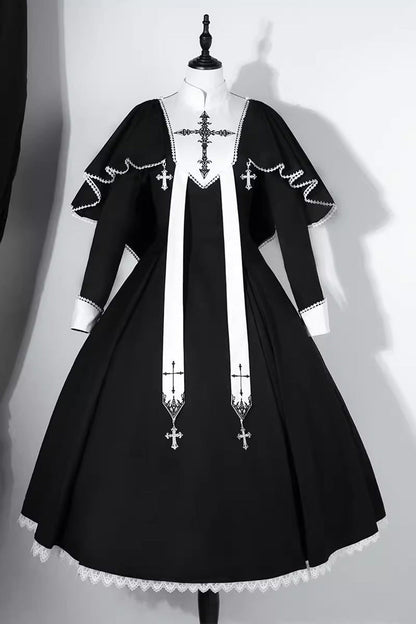 Elegant Lace-Stitched Long-Sleeve Gothic Gown