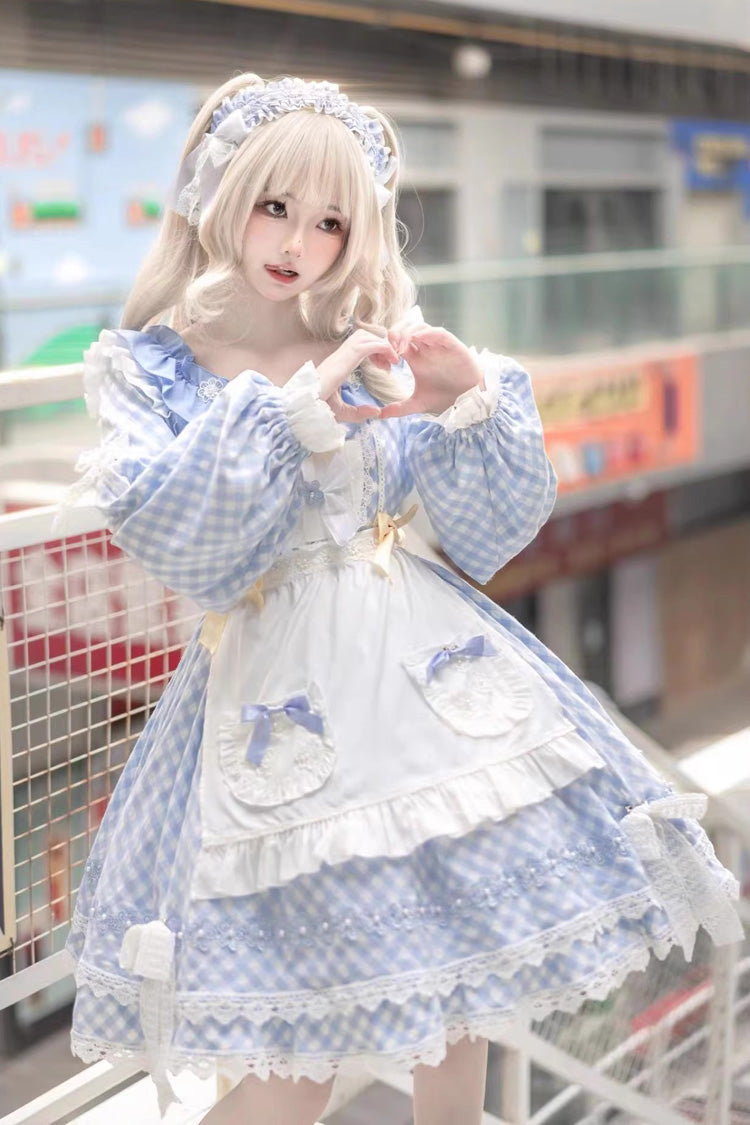 Blue Tartan Bow Lace Sweet Lolita Dress