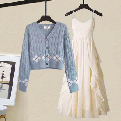 Sweater Slip Dress Rhombus Set Print Cardigan