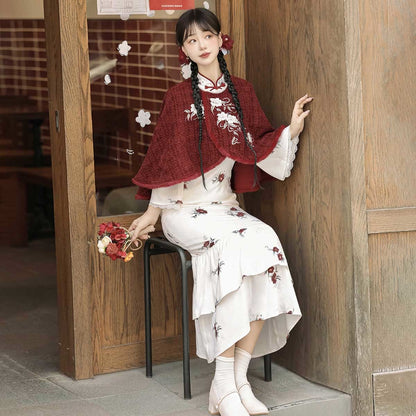 Pieces Buckle Two Vintage Flower Dress Cloak Embroidery