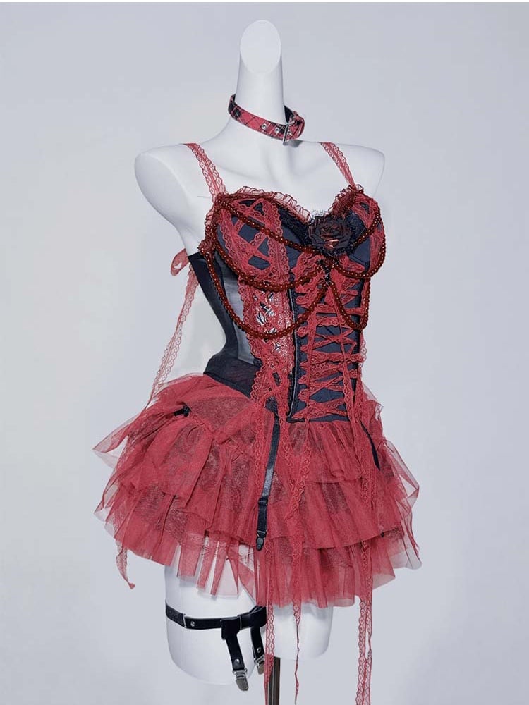 Gothic Red Black Lace Trim Corset Cami Top