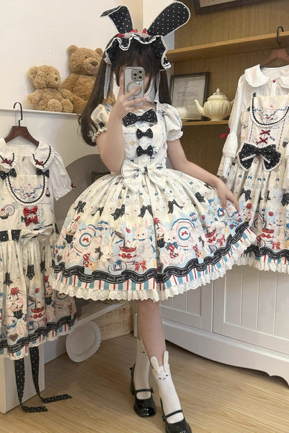 Mystery Rabbit Tea Party Square-Collar Short-Sleeved Print Ruffle Bowknot Lace Sweet Lolita Dress in Beige