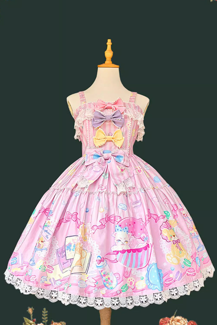 Pink Sleeveless Print Bow Sweet Lolita Jumper - Macaron Dolly House