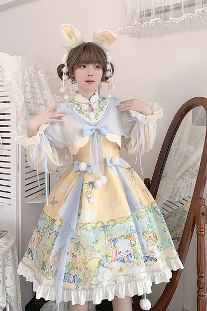 Fairy Rabbit Print Ruffle Chinese Princess Lolita Dress