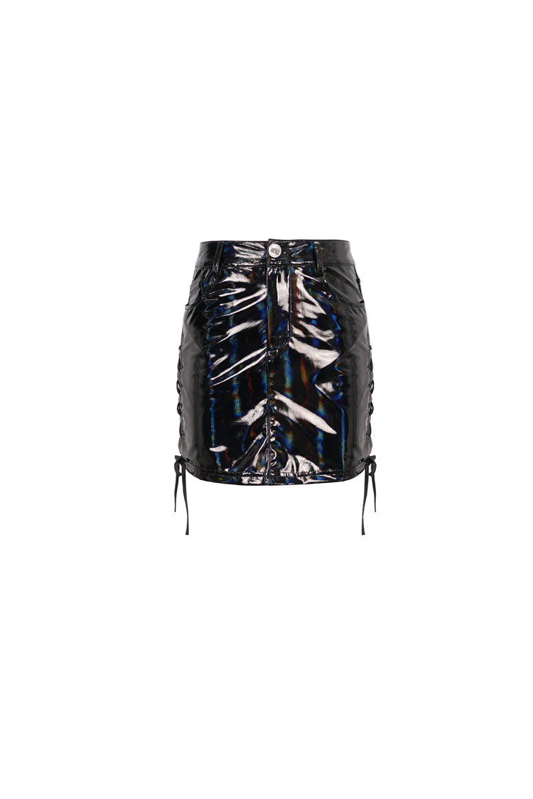Gothic Women's Adjustable Side-Slit Mirrored Iridescent Black Skirt