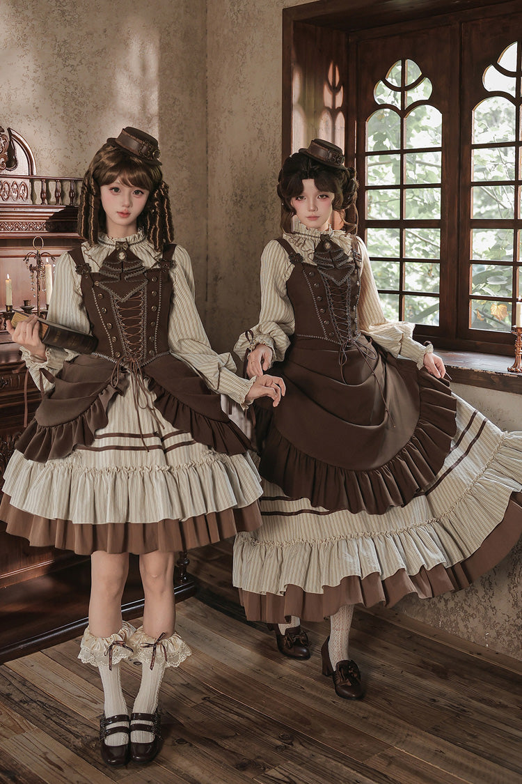 At Sunset Round-Collar Lantern-Sleeved Double-Layered Printed Ruffled Classic Lolita Dress in Beige and Brown, 2 Versions