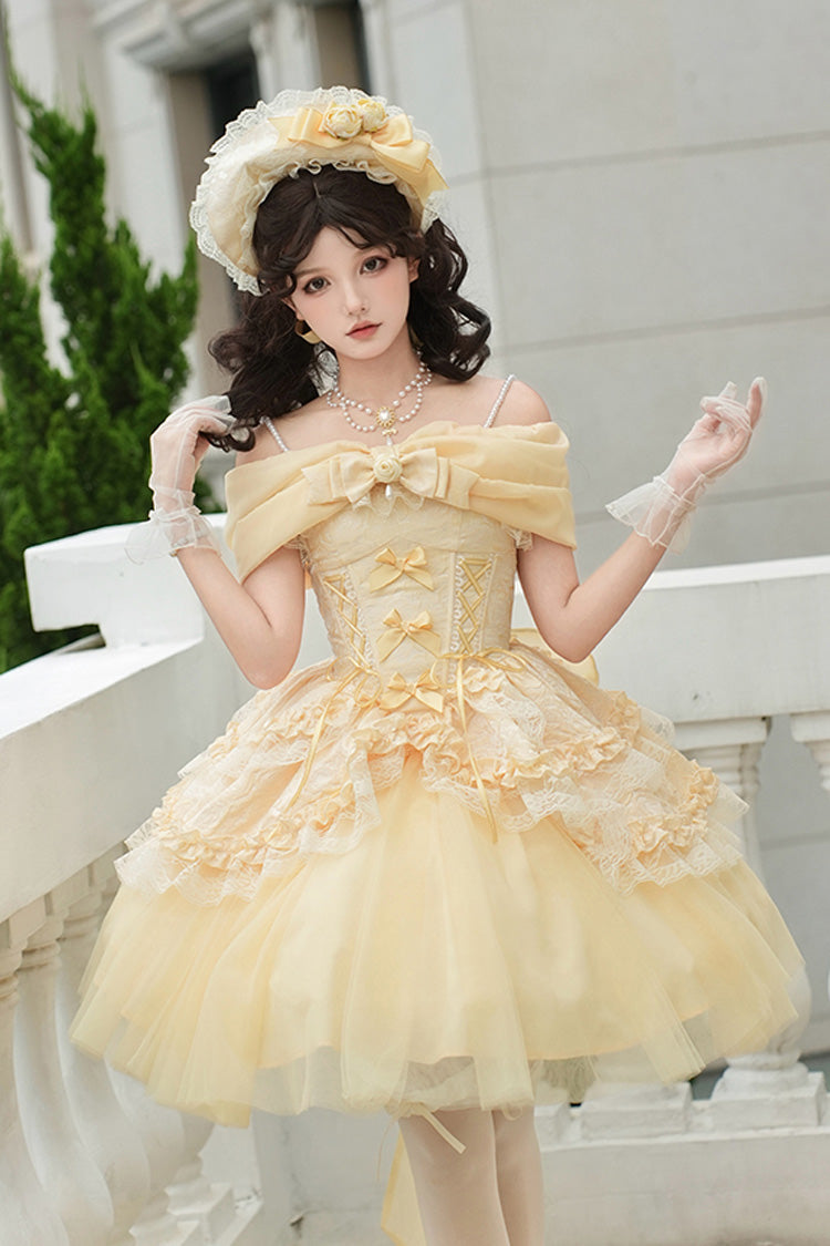 Sissi's Pilgrimage Off Shoulder Ruffle Bow Lace Sweet Lolita Short Skirt in Yellow