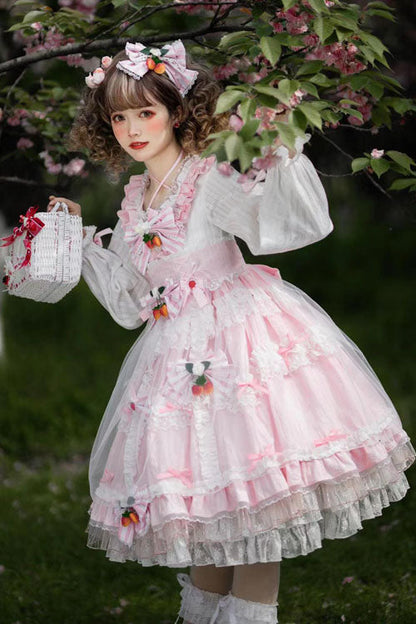 Pink OP Dress Sweet Lolita Strawberry Bowknot Round Collar - Altfashion Shop