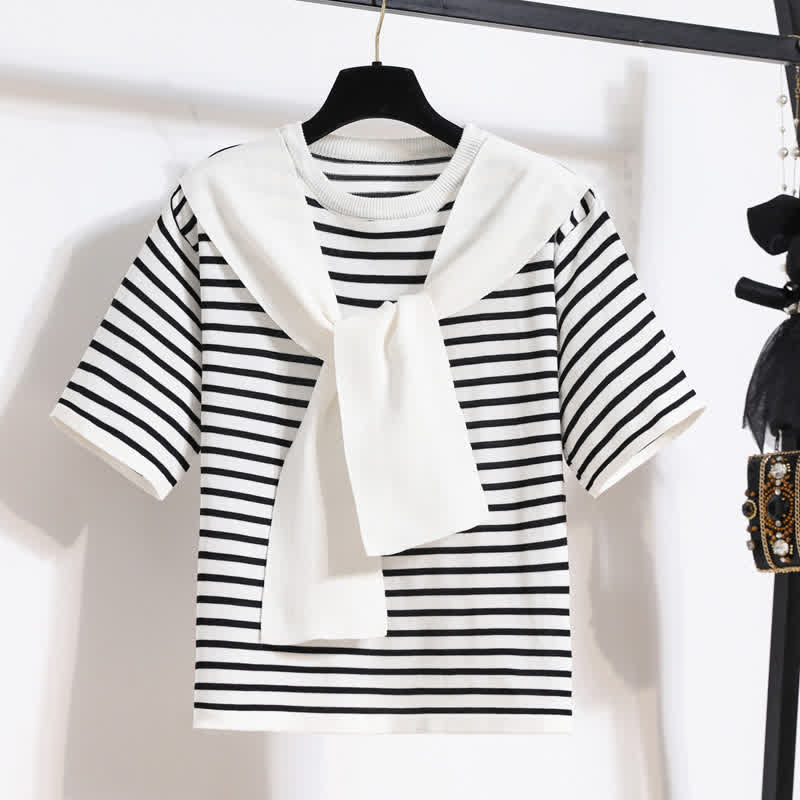 Chic Stripe Round Collar T-Shirt Denim Skirt