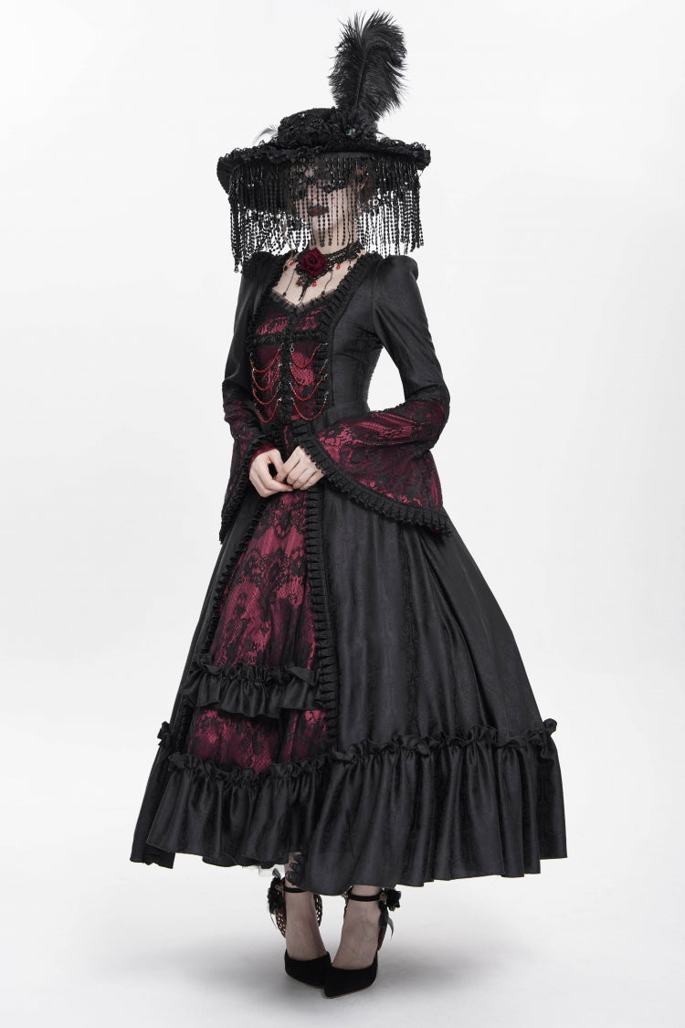 Long Sleeve Floral Embroidery Lace-Up Pleated Gothic Dress