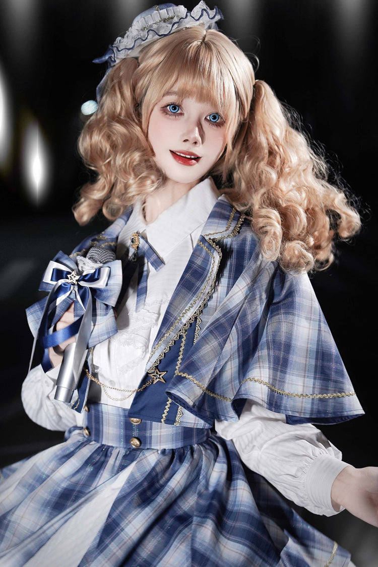 Lapel Long Sleeve Double Printed Ruffled Bow Japanese Lolita Skirt Set