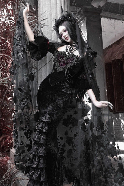 Square Collar Gothic Mermaid Dress with Multi-Layered Ruffled Embroidery - Castle of Dark Romance