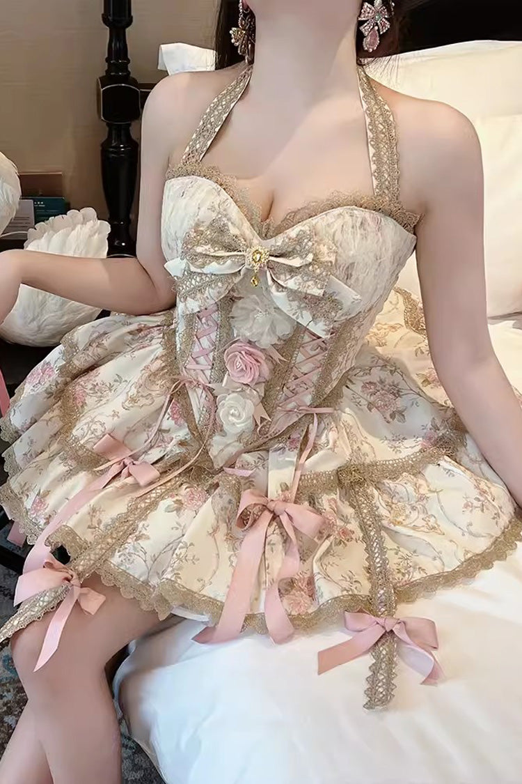 Halterneck Bowknot Skirt Set with Lace-Up