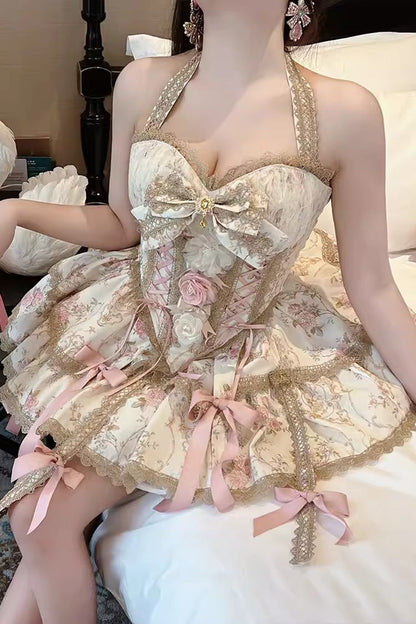 Halterneck Bowknot Skirt Set with Lace-Up
