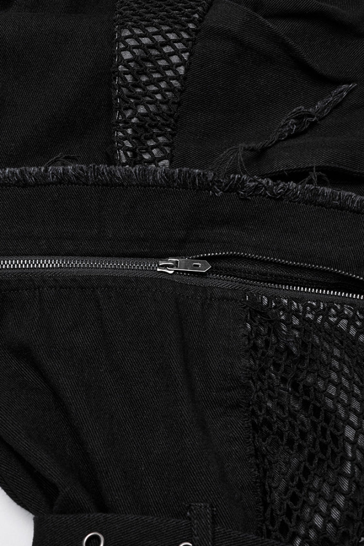 Detachable Punk Pants with Unfinished Edges and Mesh