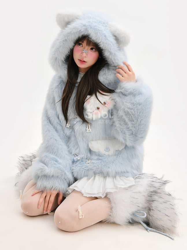 Blue Fluffy Cat Ears Hooded Faux Fur Coat Detachable Cat Plushie