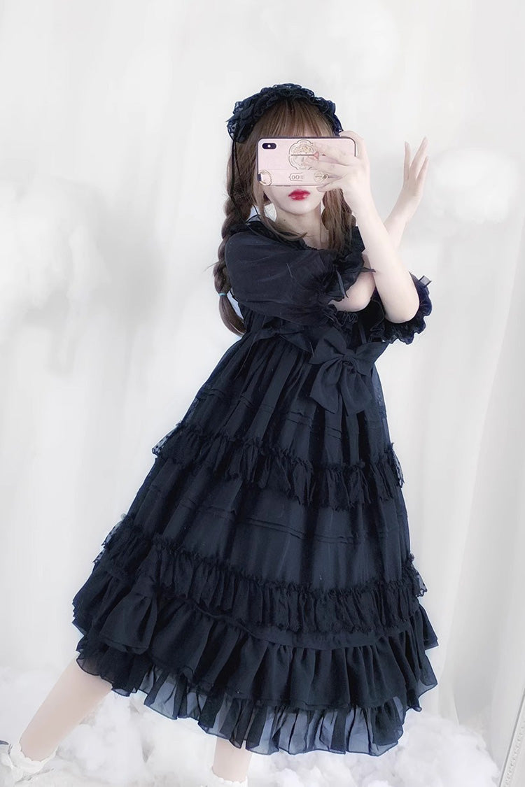 Black Lace Angel Short-Sleeved Bow-Trim Ruffled Gothic Lolita Dress