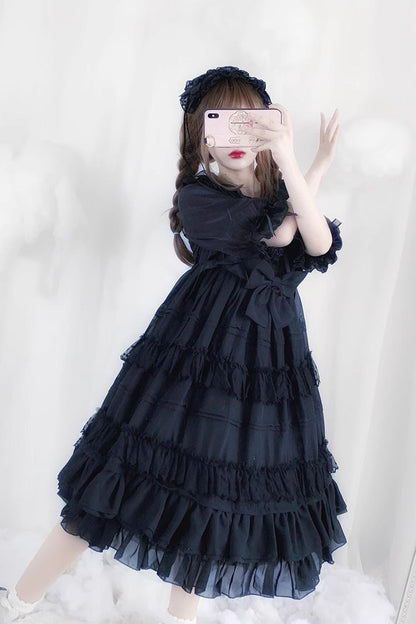 Black Lace Angel Short-Sleeved Bow-Trim Ruffled Gothic Lolita Dress