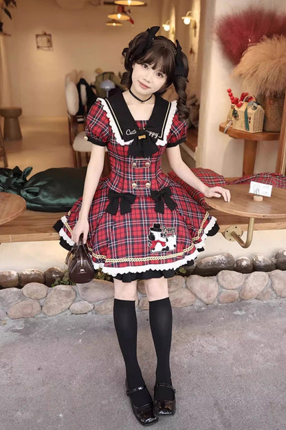 Crimson Dalmatian Bowknot Mini Sweet Lolita Gown with Short Sleeves