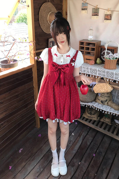 Red Little Mushroom Sleeveless Polka Dot Ruffle Bow Sweet Lolita JSK