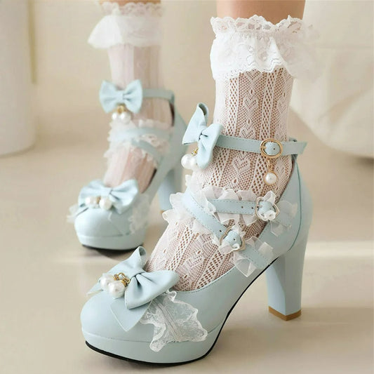 Head Round Shoes 33-43 Lace Pearl Heels - Lolita Bow