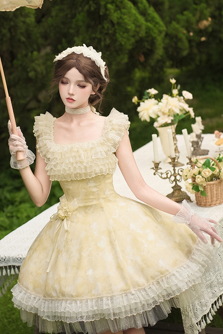 Golden Square-Collar Flutter-Sleeve Ruffled Lace Short Dress