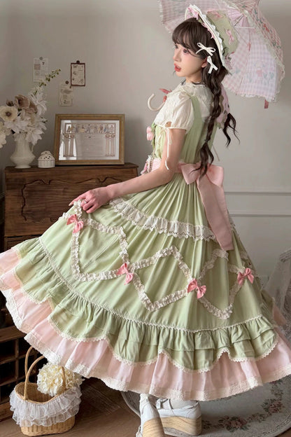 Emerald Pastoral Ruffled Bow Lolita JSK - Tulip Blossom Field