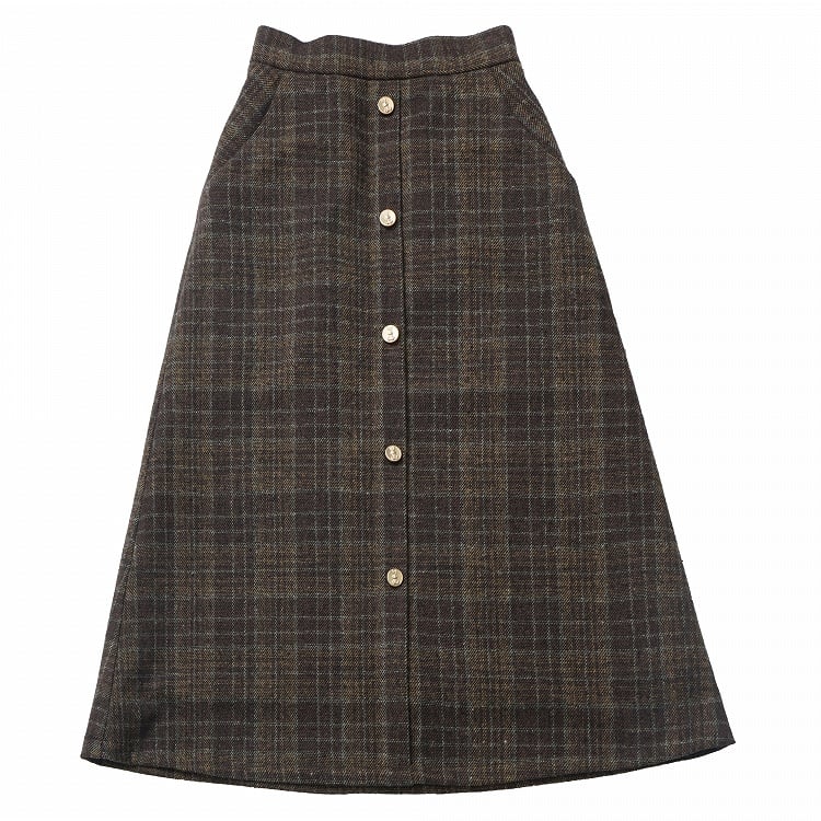 Brown Plaid Rabbit Button Midi Length Skirt