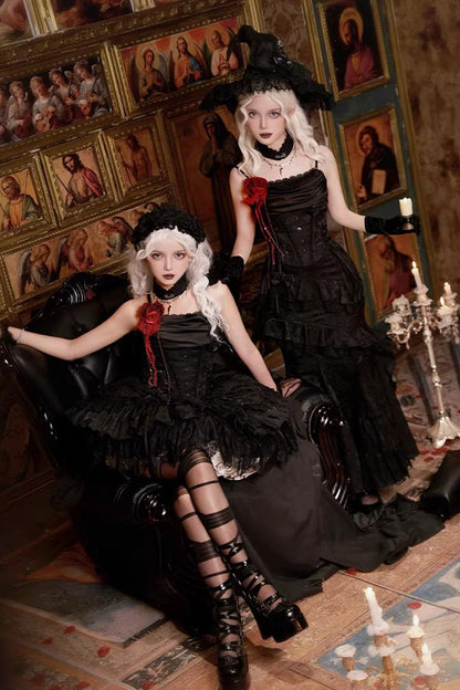 Gothic Lolita Skirt with Multi-Layered Jacquard and Ruffled Witch Design