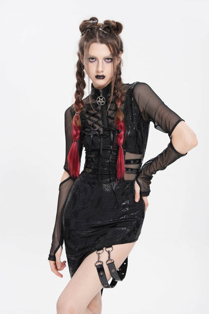 Stand Collar Long Sleeve Stitching Lace-Up Mesh Punk Dress