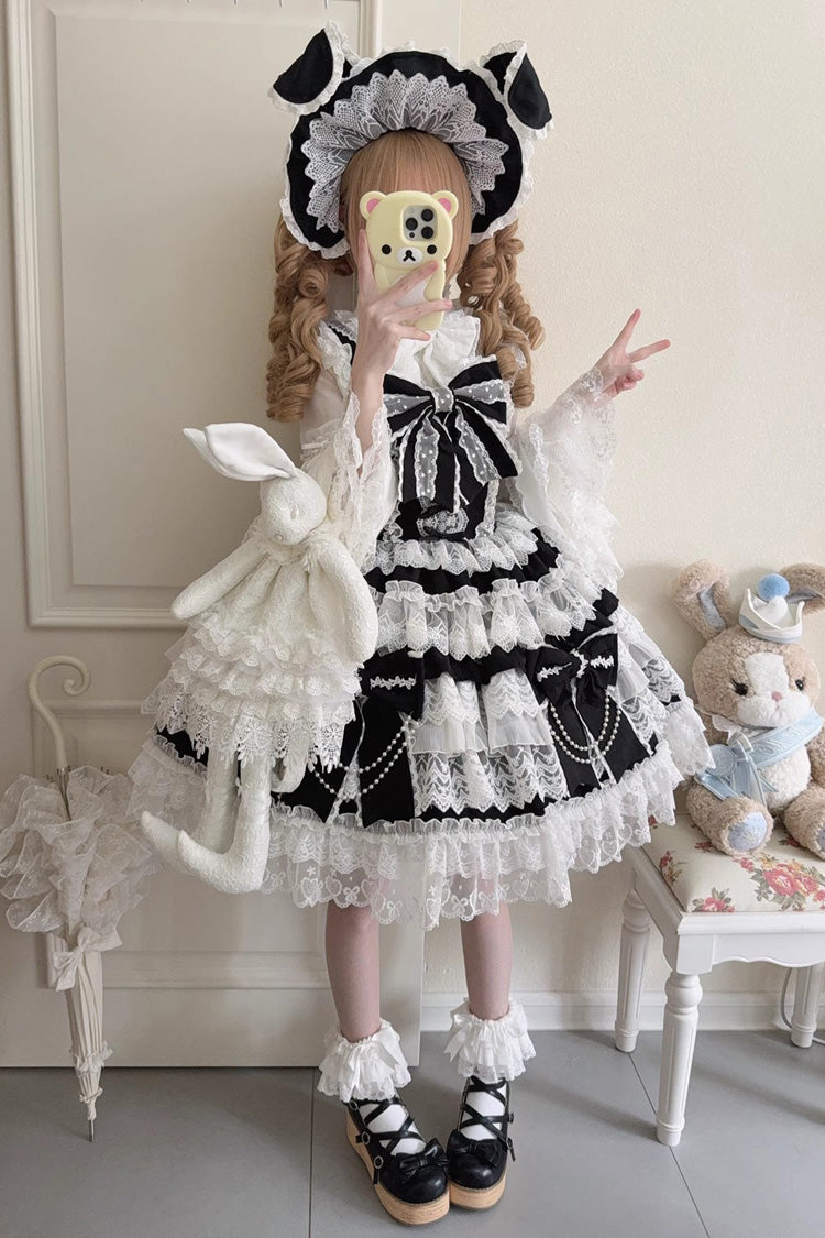 Knot of the Crossed Heart Sleeveless Multi-Layered Ruffle Hanayome Cardigan Bowknot Lace Lace-Up Sweet Lolita Jsk Dress