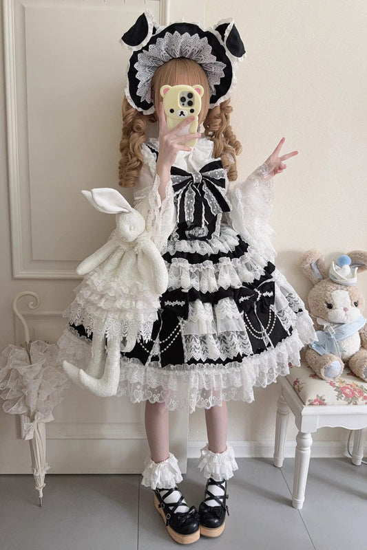 Knot of the Crossed Heart Sleeveless Multi-Layered Ruffle Hanayome Cardigan Bowknot Lace Lace-Up Sweet Lolita Jsk Dress